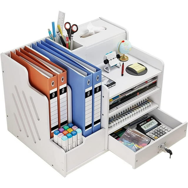 Organizador Escritorio con Cajones, Organizador para Papeles Material Oficina y Papelería, Bandeja Escritorio para Stationery (Blanco)