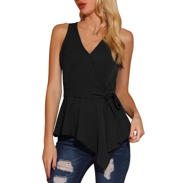INSPIRE CHIC INSPIRE CHIC Tops De Verano Para Mujer, Sin Mangas, Con Escote En V, Con Lazo, En La Cintura Negro S