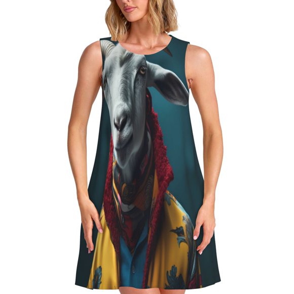 Fotbe Surrealist Goat Pattern Women’s Summer Tank Midi Dress – Sleeveless A-Line Dress, Floral T-Shirt Dress, Casual Flowing Beach Sundress