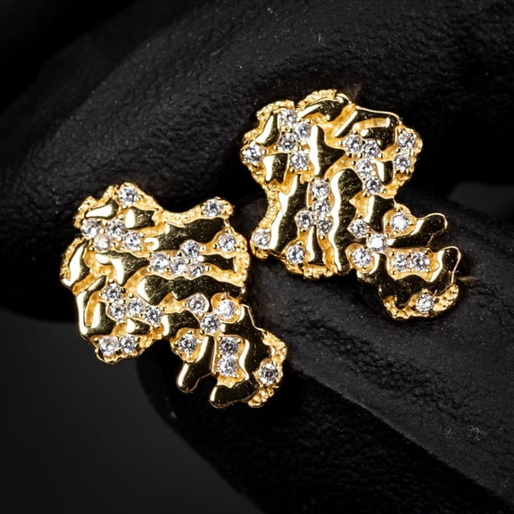 Solid 14K Yellow Gold Plated 925 Sterling Silver Screw Back Post Men’s Diamond Cut Stud Cz Retro 90's Hip Hop Iced Solid Nugget Earrings