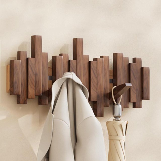 LPSSTORE Natural Wood Wall Mounted Coat Rack Coat Rack Wall Mount with 6 Flip down Hooks Behind The Door Storage No Drill Coat Hooks for Coats Bag Hat Umbrella