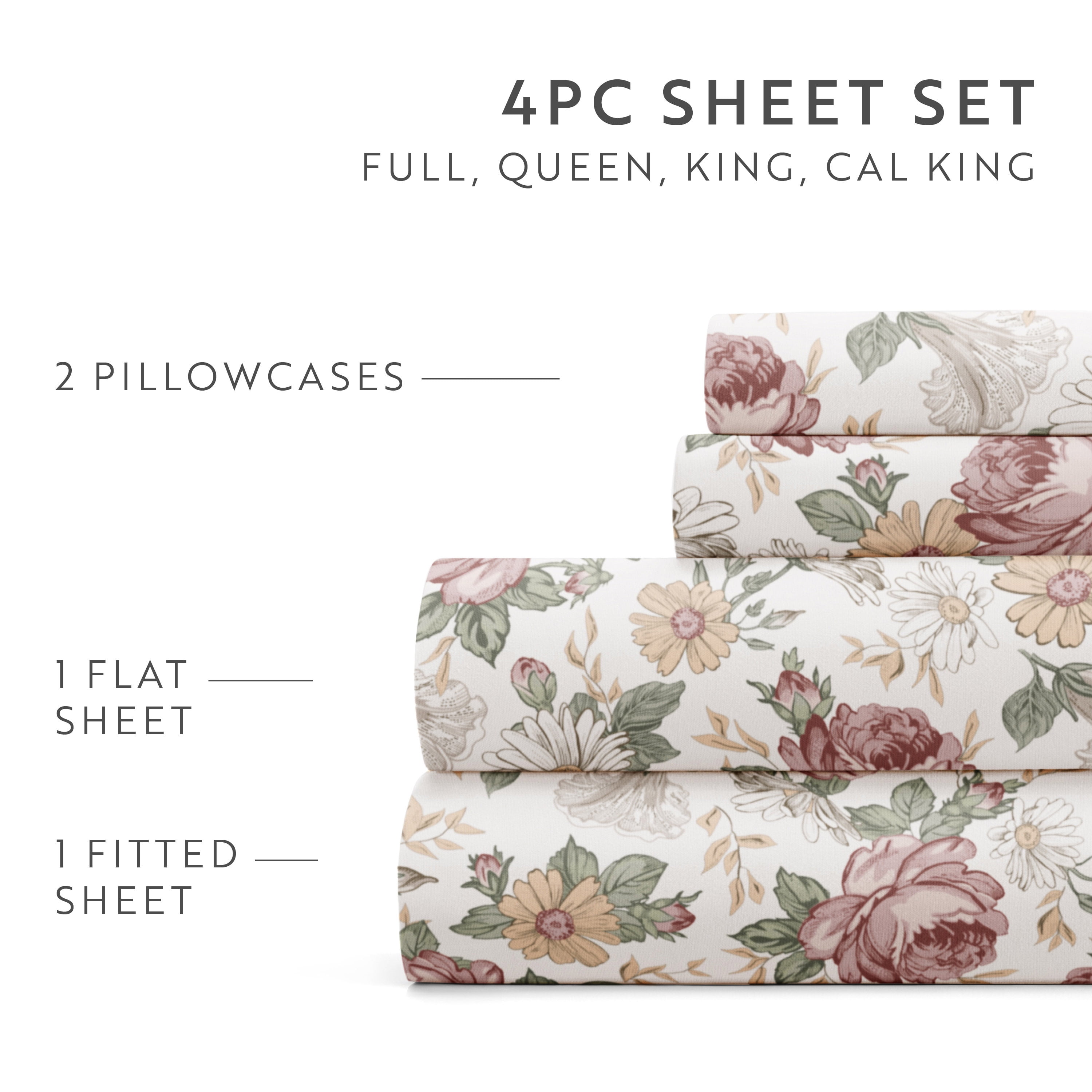 Noble Linens 4 Piece Pattern Microfiber Bed Sheets Set, Blooming Floral Rose, Queen