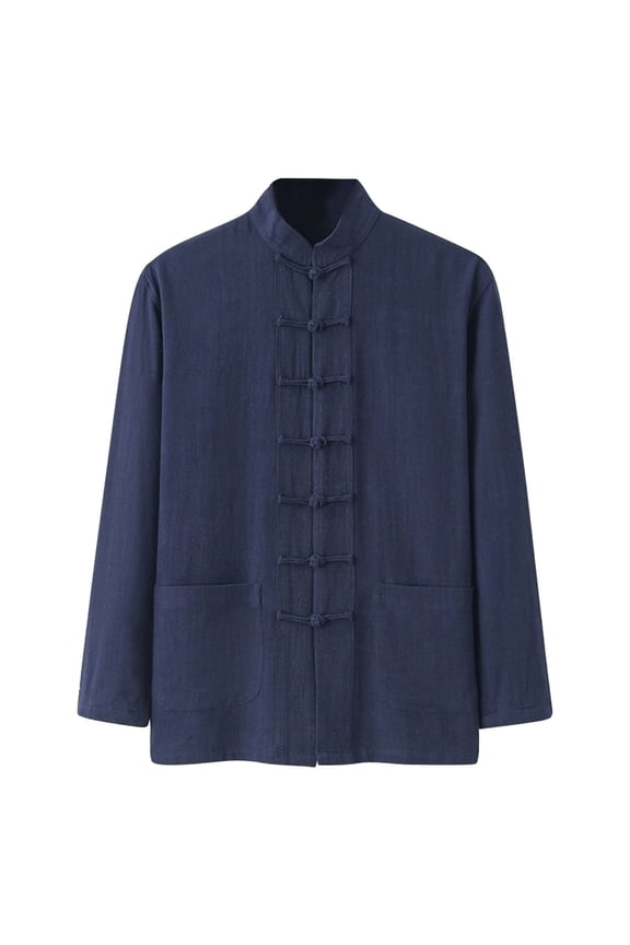 Mens Tang Suit Jacket Regular Long Sleeve Mandarin Collar Button Pocket Shirt Traditional Chinese Casual Daily Wear Top