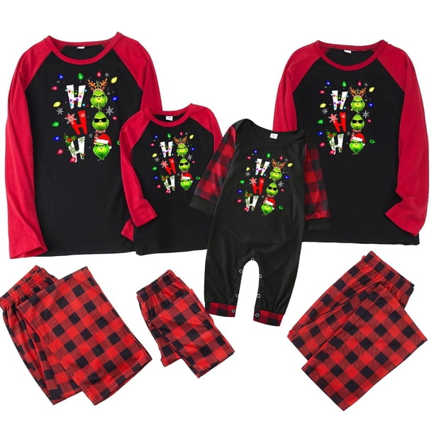 Conjuntos de pijamas navideños familiares a juego Grinch 2024, pijama de Grinch con parte superior y pantalones de pijama a cuadros, pijama de Grinch para niños y adultos para la familia, 3 Meses