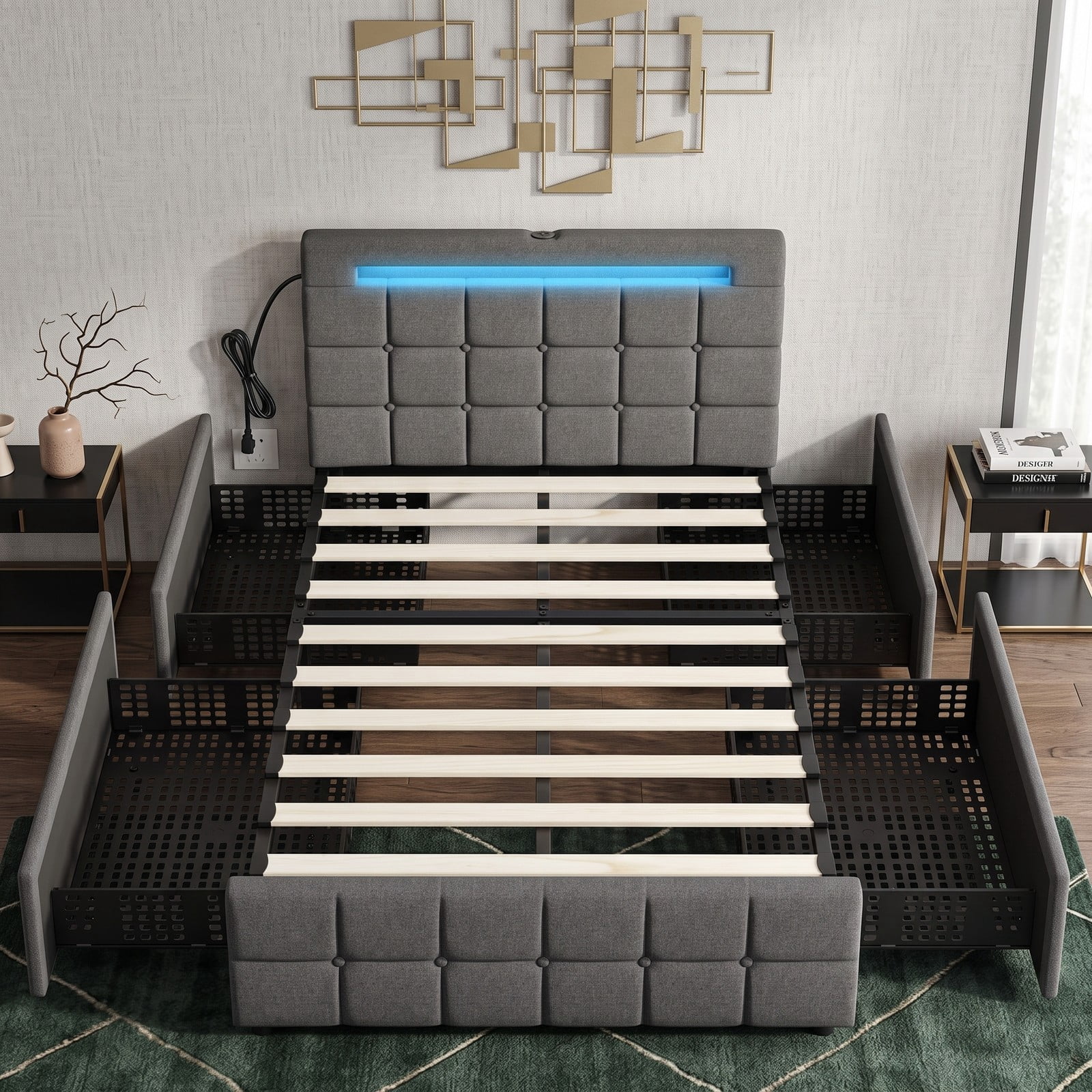 Furnibear Twin Bed Frame, Upholstered Bed Frame with LED Lights and Storage Drawers, Twin Platform Bed with Tufted Headboard for Bedroom, Gray