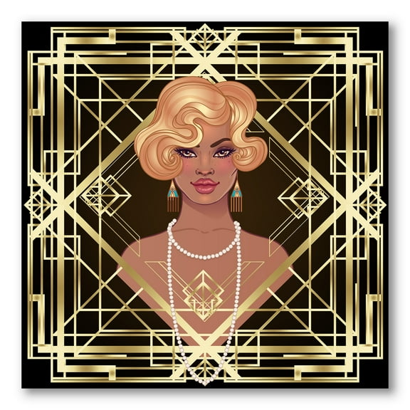 Designart ' Retro Girl In Golden Art Deco Geometrics III ' Modern Canvas Wall Art Print