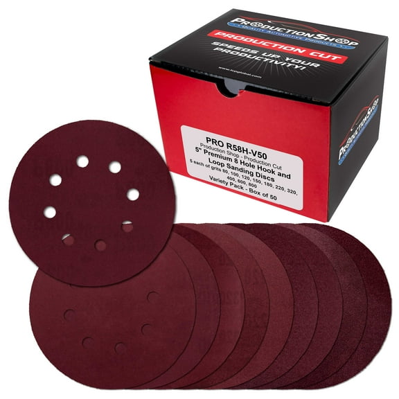 ProductionShop 5" Red 8-Hole Pattern Sanding Discs, 50 Disc Variety Pack, Grits 80, 100, 120, 150, 180, 220, 320, 400, 600, 800 - Hook & Loop Sandpaper for Random Orbital Sanders - Woodworking, Paint