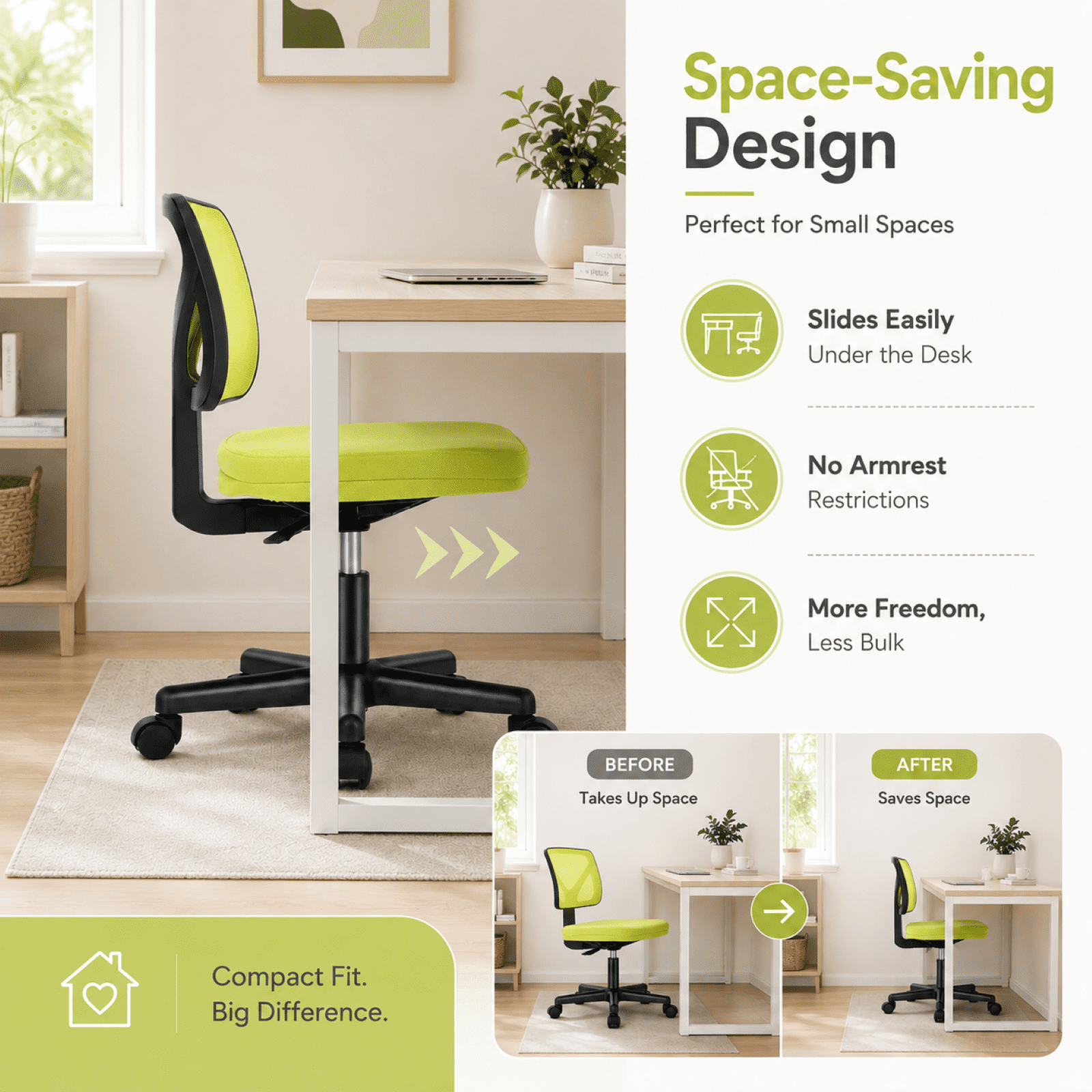 Kelno Small Desk Chair with Wheels Adjustable Computer Desk Chair with Lumbar Support Mesh Ergonomic Low-Back Office Chair, Green