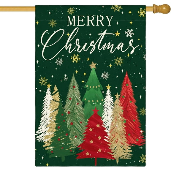 Merry Christmas House Flag 28x40 Inch Double Sided Outside, Christmas Tree Snowflake Winter Holiday Yard Outdoor Decorative Flag