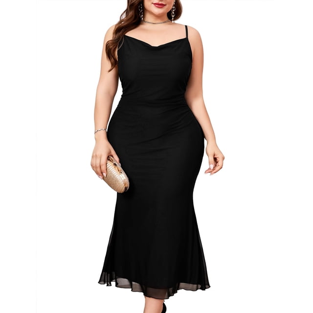Vestido ZOMVA, talla grande, malla fruncida, sirena, tirantes finos
