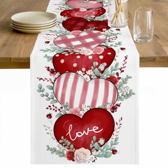 Love Heart Valentines Table Runner - 60 Inch Long Eucalyptus Botanical Red Pink Cotton and Linen Blended Dress Scarves Farmhouse Table Runner for Kitchen Dining, Coffee Table, 13" x 60"