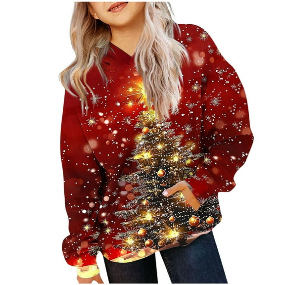 Lorytime Hoodies for Girls with Bows Boys Christmas Tree Snowflakes Sweatshirt Long Sleeve Tops with Pocket Pullover Red