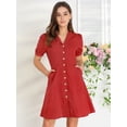 thumbnail image 2 of Vestido Camisero Acampanado Abotonado Cuello Plano Manga Abullonada Corta De Algodón Con Bolsillo Para Mujer Borgo?a XL Allegra K, 2 of 6