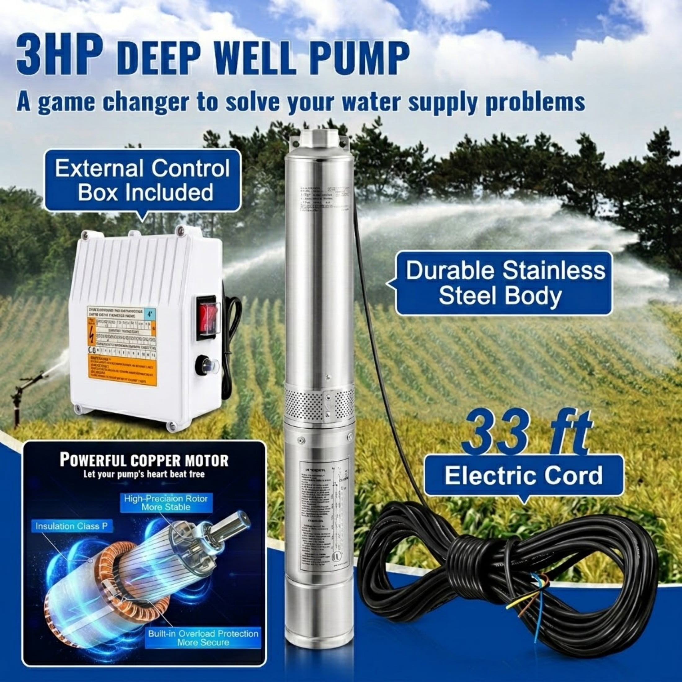 3HP Deep Well Submersible Pump, 37 GPM 640 ft Max Head, 4-Inch Stainless Steel 230V Water Pump with External Control Box for Irrigation and Industrial Use