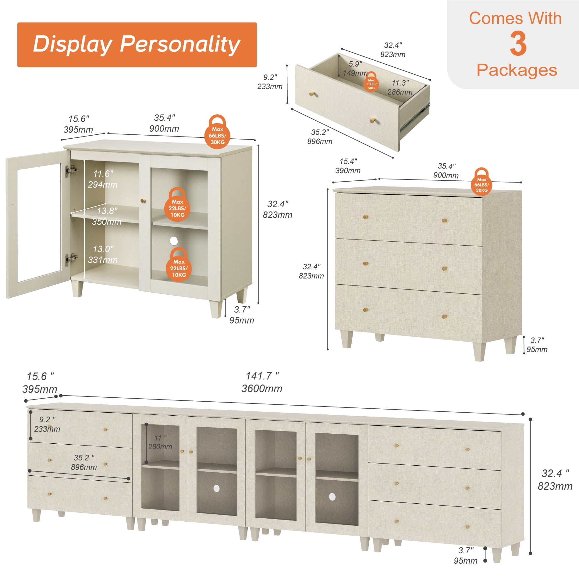 Modular Buffet Cabinet Sideboard With Glass Doors, Wide Drawers, Adjustable Shelves and Cable Management For Kitchen Dining Room, 142" W, Beige Wood
