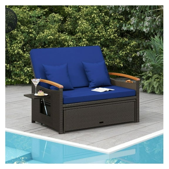 Outdoor Wicker Daybed with Storage Ottoman - Patio Loveseat Sofa, Adjustable Backrest, Mix Brown Rattan, Beige Cushions - Perfect for Patio, Porch, Garden, Poolside