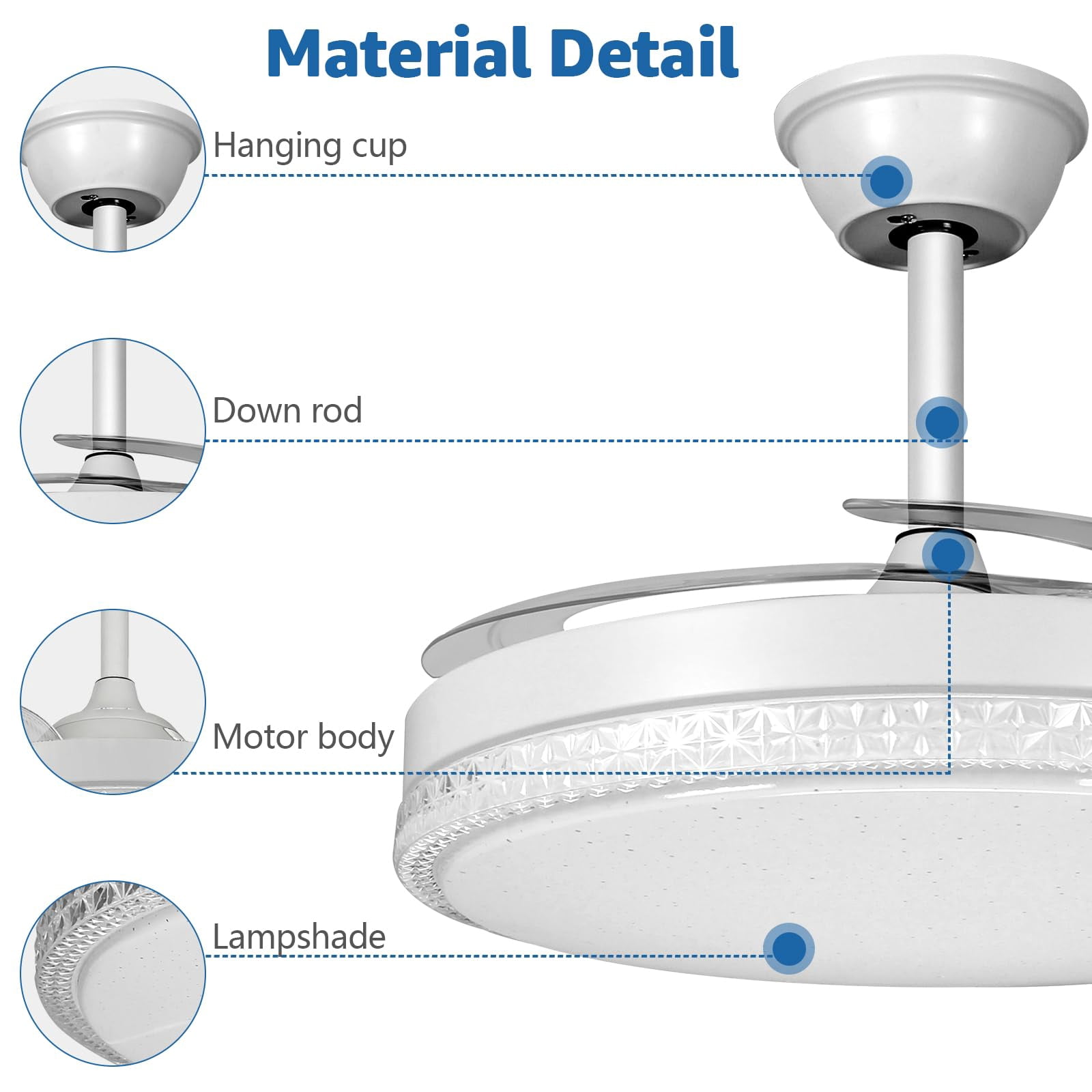 RJFKSNC 42" Retractable Ceiling Fan with Light,Acrylic chandelier, Dimmable LED 3000K-6500K, 6 Speeds, Reversible Motor, Remote & APP Control, for Living Room Bedroom Dining Room