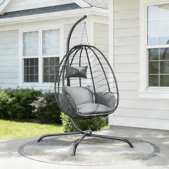 Kullavik Hanging Swing Egg Chair with Bracket Swing Hammock Chair Indoor/Outdoor Hanging Swing Chair with Cushioned Headrest Load Capacity 350LBS for Patio Bedroom Porch Garden - Grey