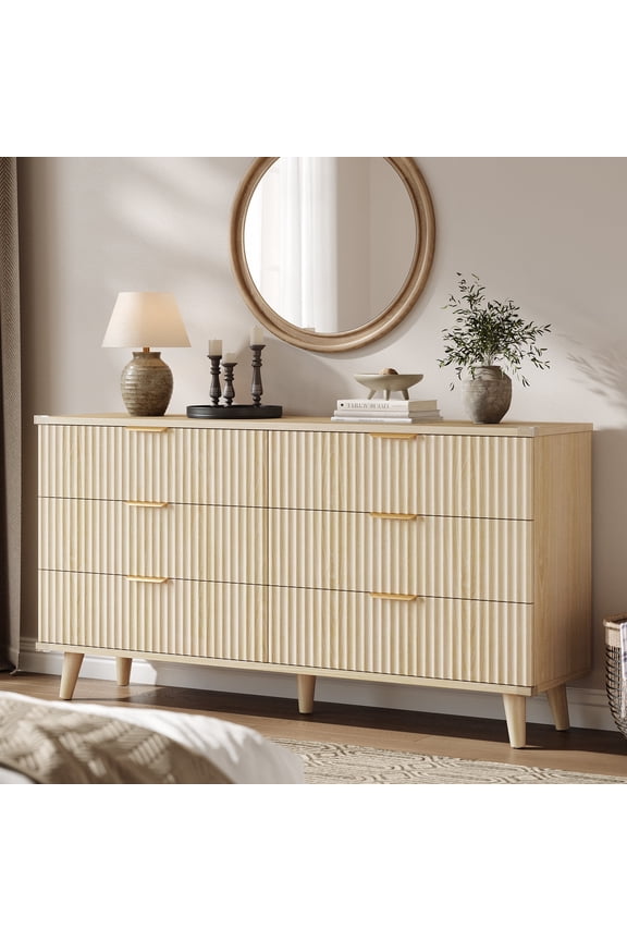 6 Drawer Dresser for Bedroom, 53" Wide Dressers & Chest of Drawers, Boho Fluted Dresser with Wave Panel Design, Modern Storage Dressers Organizer for Living Room, Natural