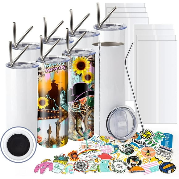 8 Pack 20 oz Sublimation Tumbler Set Double Walled Stainless Steel Skinny Straight Blank Tumbler Bulk with Lid, Straw, DIY Stickers Shrink Wrap