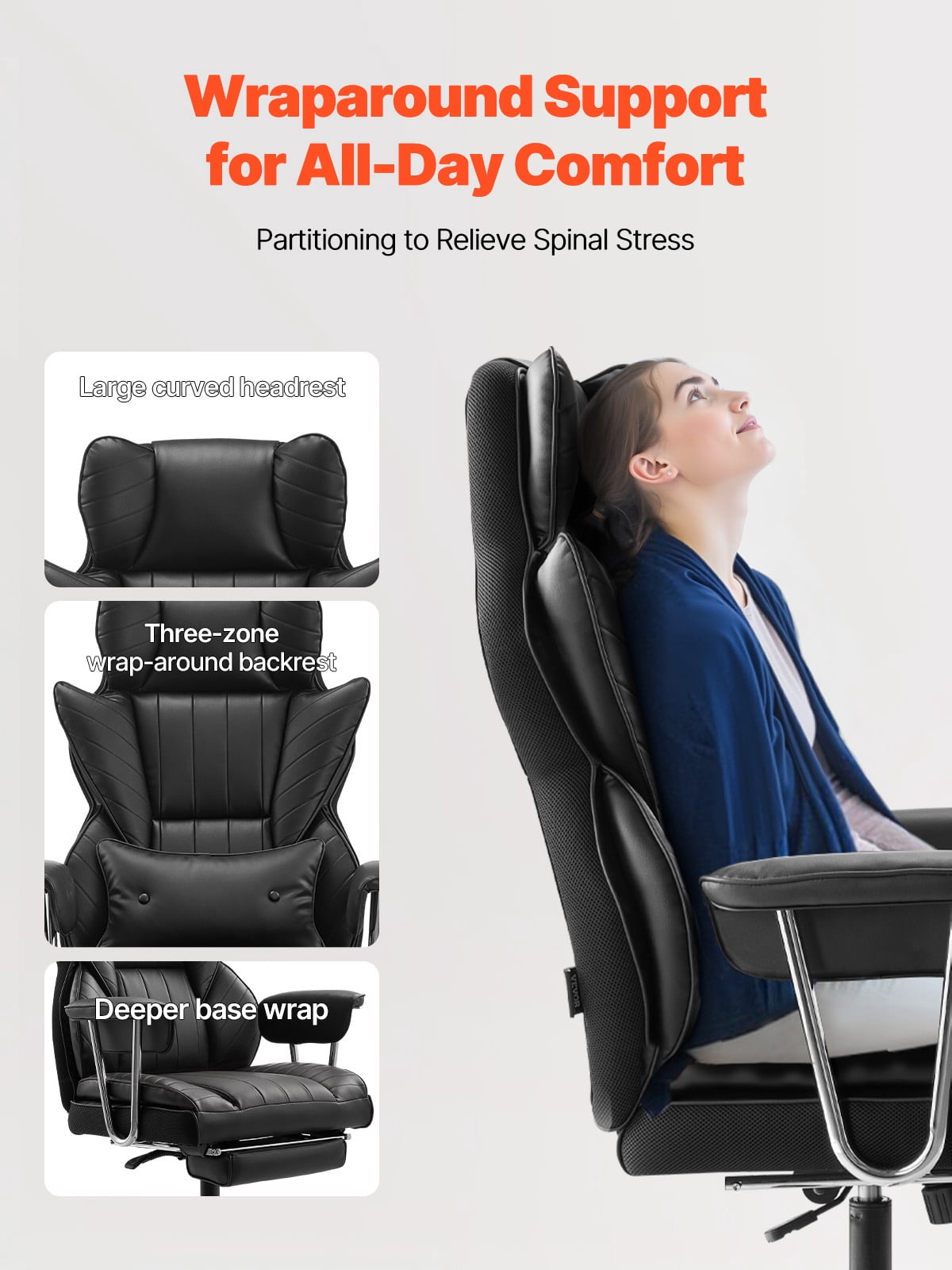 KFFKFF Managerial Office Seating, Tall Backrest Chair with Retractable Footrest and Detachable Armrests, Comfortable Workstation Chair , PU Leather Revolving Mobility Chair, Black
