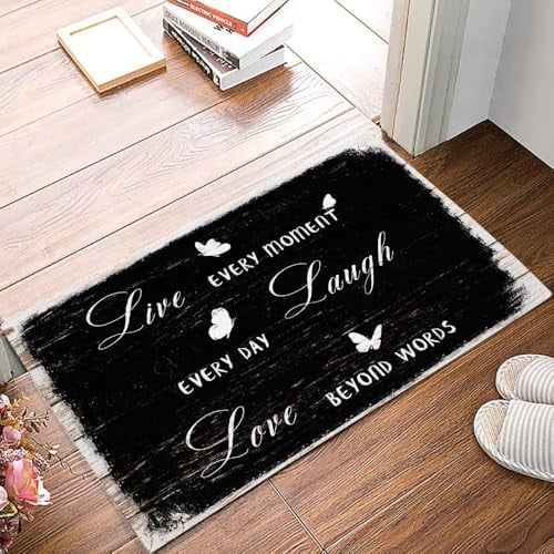 Doormat Indoor Home Decor Door Mat White Live Laugh Love Butterflies Anti Fatigue Floor Rugs for Kitchen Bathroom Black Board Wooden Stripes Grain Funny Welcome Mat 17x30 Inch.