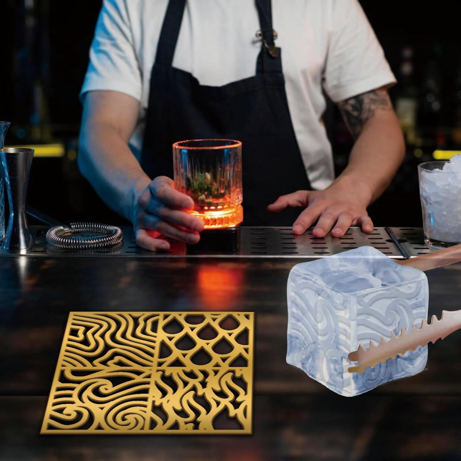 4 Style Pattern Ice Cubes Stamp Tray Craft No Base Ice Molding for Bourbon Cocktails in 5 Second Whiskey Molding Clear Ice Block Stamp Cocktail Bartender Accessories Fire Curve Texture