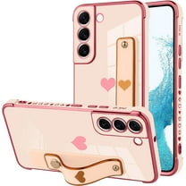 Designed for Samsung Galaxy S22 Case with Strap Luxury Love Heart Plating Gold Bumper Phone Cover Wristband Kickstand Full Body Protective Slim Case for Women - Pink