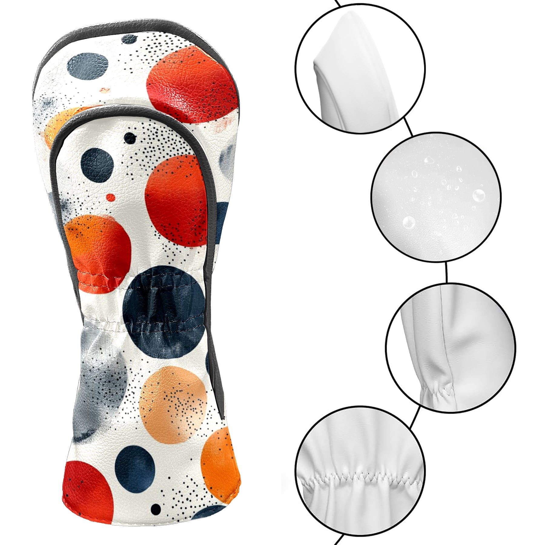 Golf Head Covers Circle Pattern Design for Driver, Wood & Hybrid, Premium Waterproof PU Leather with Plush Lining, Unique Abstract Golf Gifts