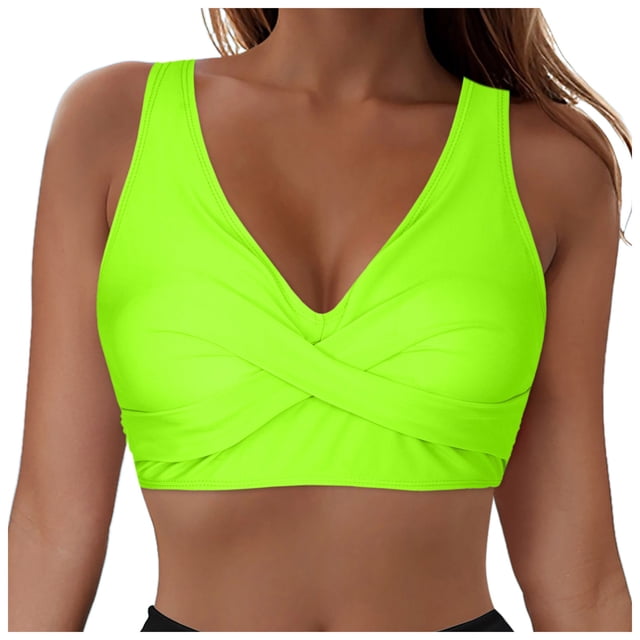 Huesdet Bikini Top for Women Swimsuit V Neck Ribbed Adjustable Spaghetti Straps Bathing Suit(Yellow,L)