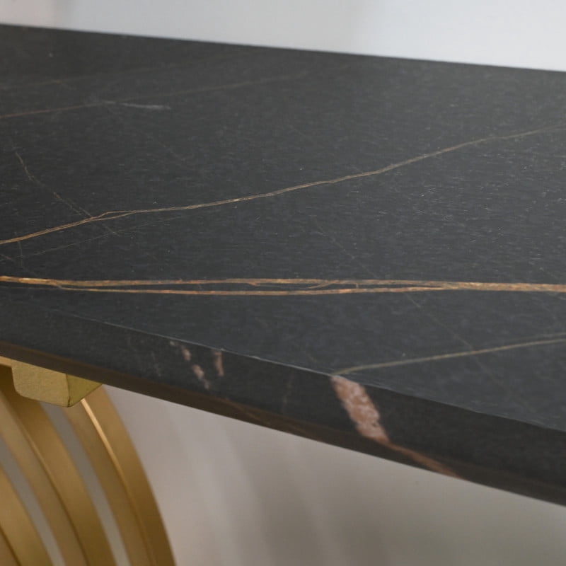 Accent Console Sofa Table with Gold Intertwined Crossed Metal Base, Entryway Display Side Table with Faux Marbling Top