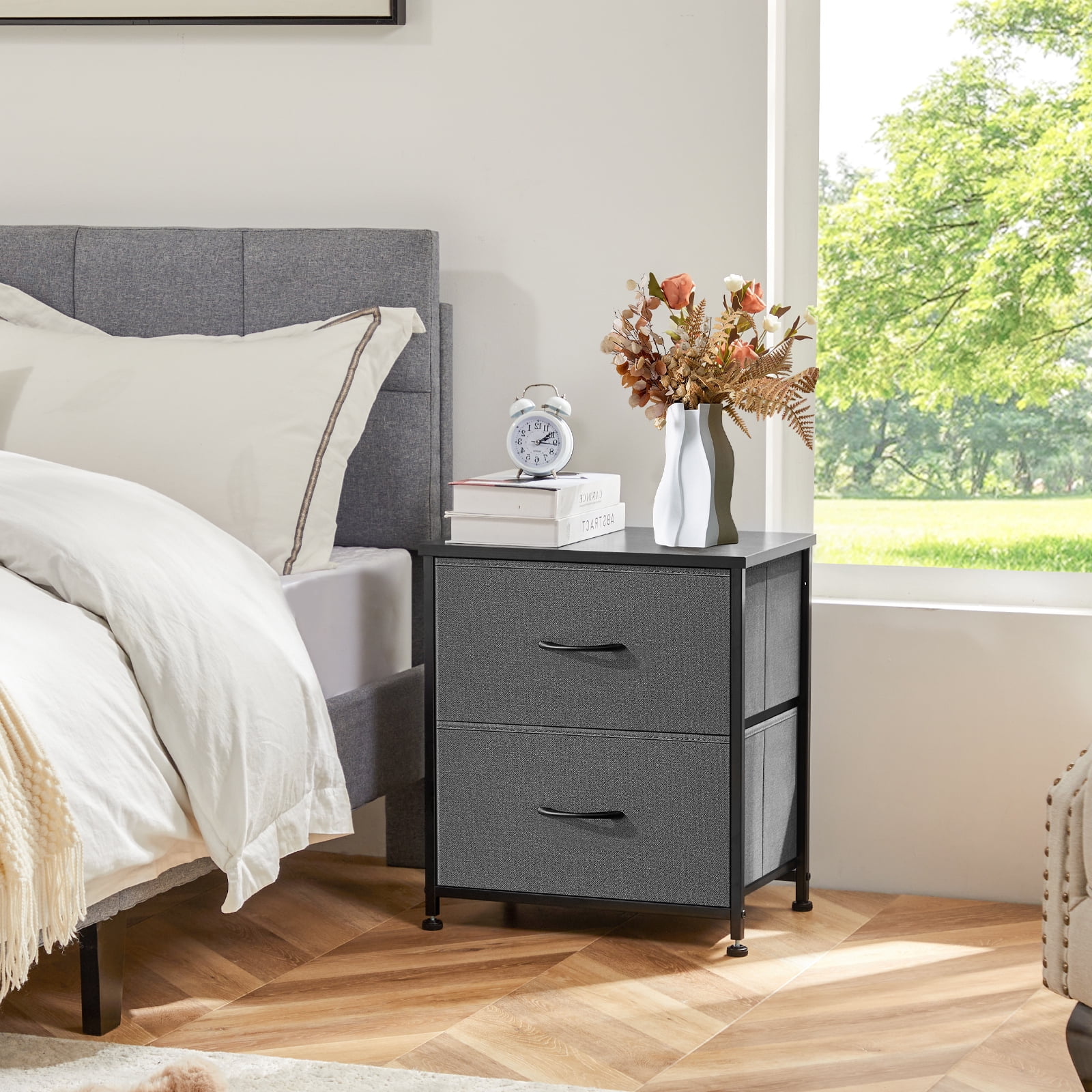 JIOABL Fabric Dresser with 2 Drawers, Nightstands with Adjustable Feet, End Table for Bedroom, Living Room, Grey