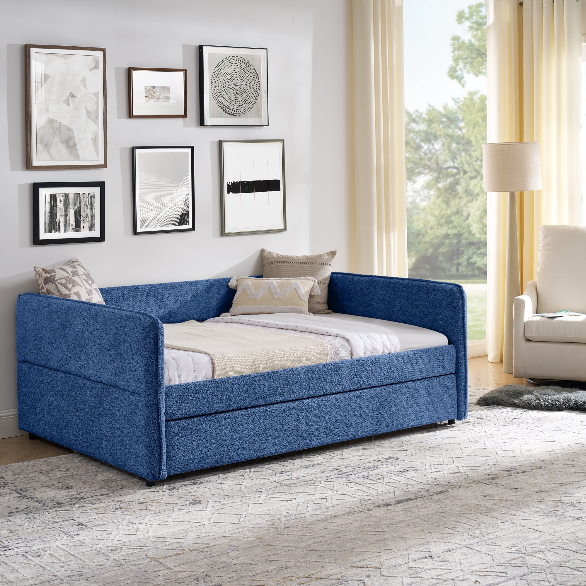 Mintazer Full Upholstered Daybed with Trundle, Boucle Fabric Sofa Bed for Living Room & Bedroom, Blue