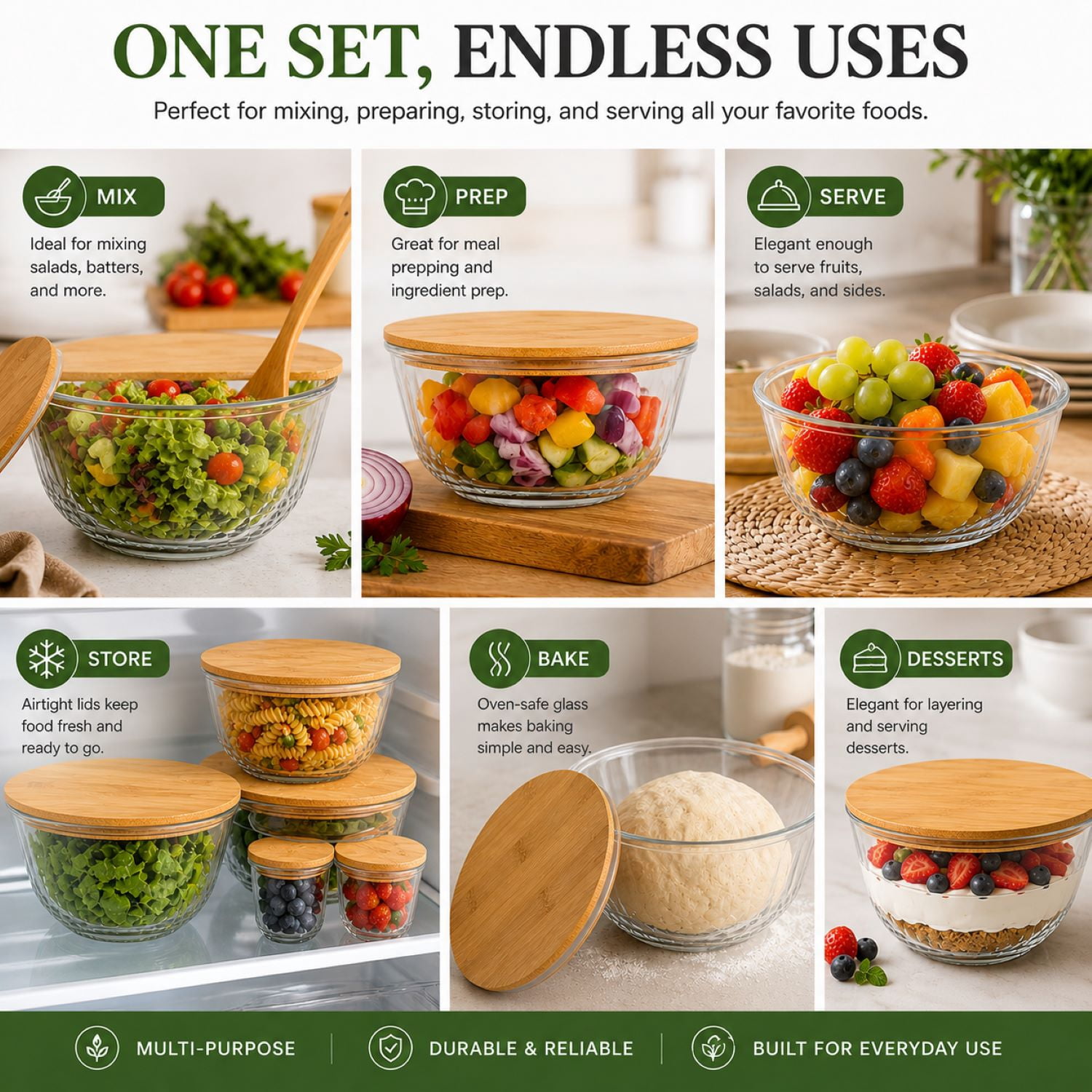 Sorbus 4-Piece Glass Mixing Bowl Set with Airtight Bamboo Lids, Assorted Sizes, Nesting Storage Bowls