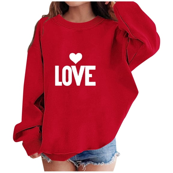 Eltusu Girls Valentines Sweatshirts, Long Sleeve Comfort Crewneck Heart Graphic Pullover Tee Tops Red Size 1-2 T