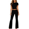 thumbnail image 3 of DDAPJ pyju Two Piece Sets for Women Matching Lounge Set Short Sleeve Crop Top Fold Over Flare Pants Travel Outfits Black S, 3 of 7
