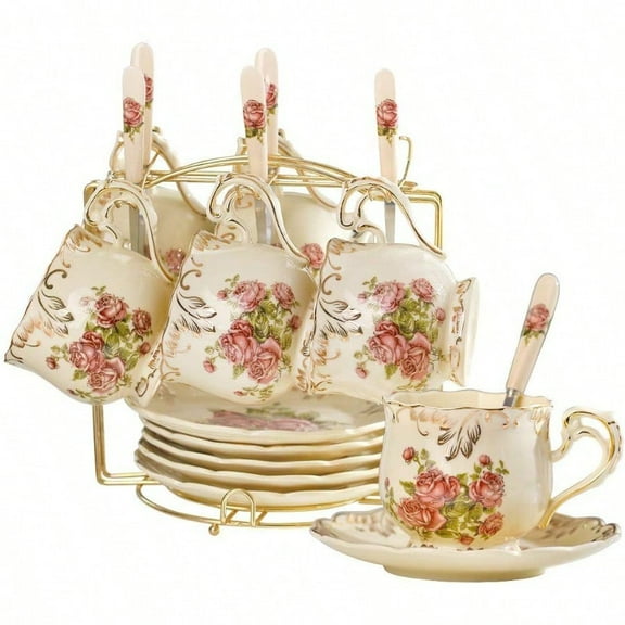 Ivory Pink Rose Tea Cups and Saucers Set of 6 8 oz Vintage Floral Porcelain Tea Cups Set Coffee Cups with Golden Rack