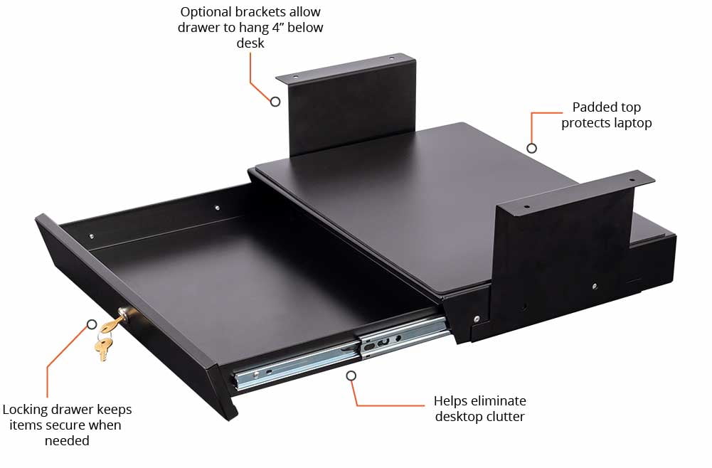 Stand Up Desk Store Add-On Office Sliding Under-Desk Drawer Storage Organizer for Standing Desks (Black, Lockable with Padded Laptop Shelf)