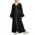 thumbnail image 3 of Muslim Girls Abaya Maxi Dresses Long Sleeve Loose Ramadan Dress Cotton Prayer Islamic Modest Kaftan Arabian Robe, Black, 11 Years, 3 of 7