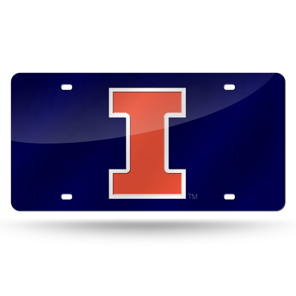 Illinois NCAA Fighting Illini Blue Mirror Look Acrylic License Plate Laser Tag