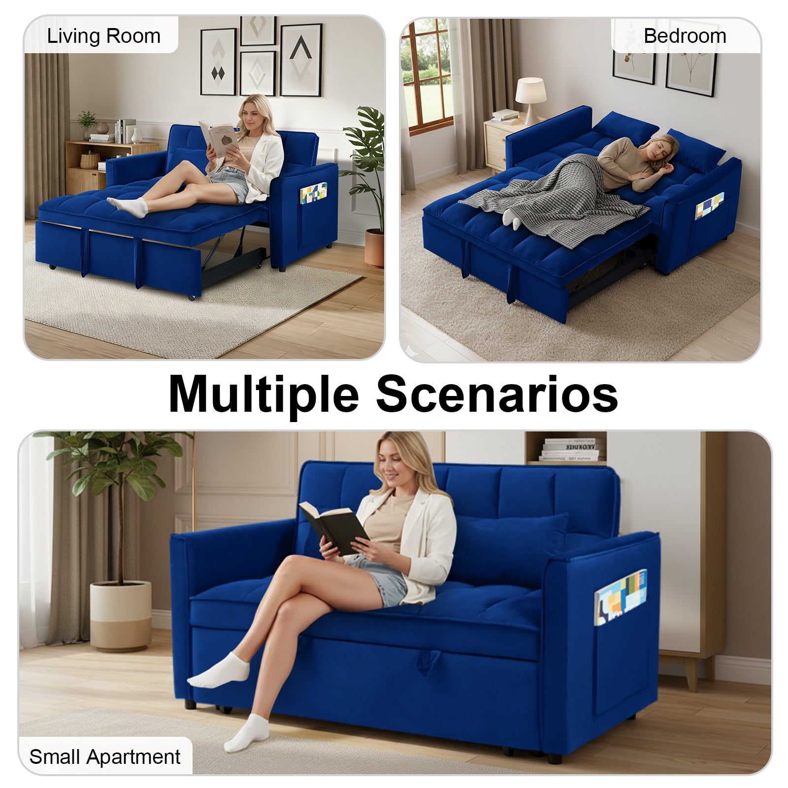 Howcool 55" 3 in 1 Convertible Sleeper Sofa Bed, Pull Out Loveseat Couch with Storage Pocket,Blue