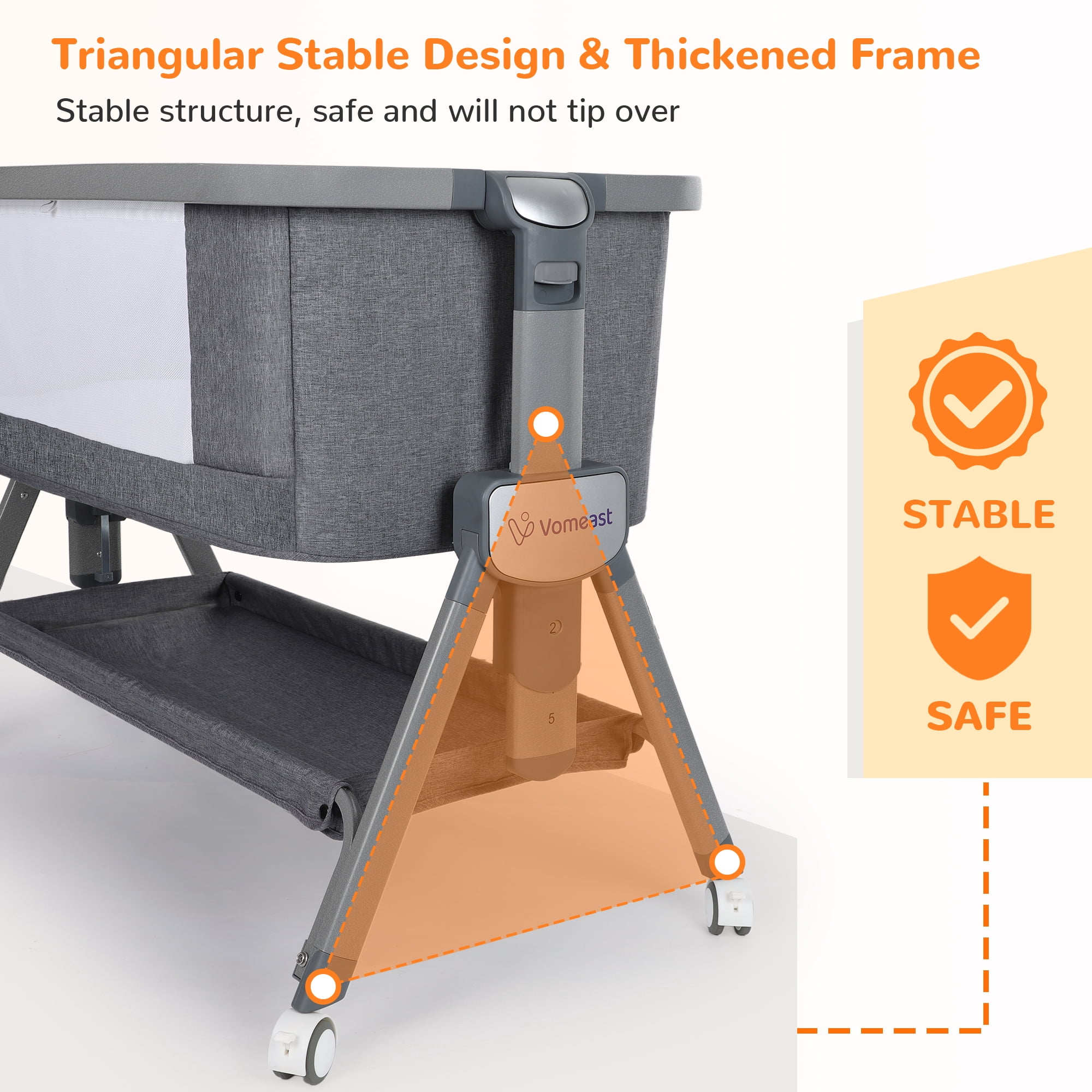 Vomeast Baby Bassinet Bedside Sleeper with Wheels, Adjustable Height, Dual-Lock, Storage Bag for Newborns Infants, Gray