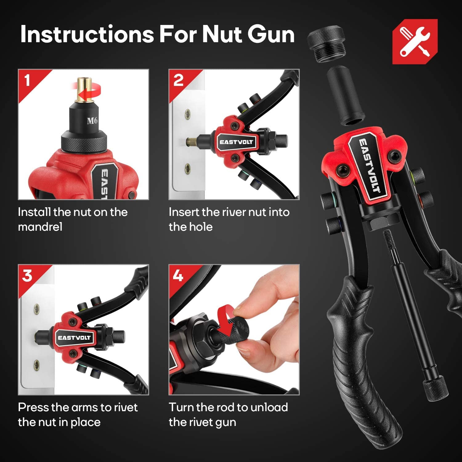 Eastvolt Rivet Nut Tool, 3 in 1 Hand Rivet, Rivet Gun Rivet Nut Tool Reamer 3 in 1 Set, Including 60Pcs Rivet Nuts, 6 Metric & SAE Mandrels and 2 Reaming Mandrels with Carrying Case