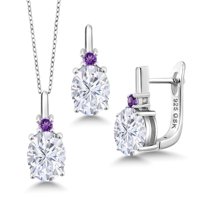 Gem Stone King 925 Sterling Silver Pendant and Earrings Jewelry Set Near Colorless Oval 6.36cttw Moissanite and Amethyst