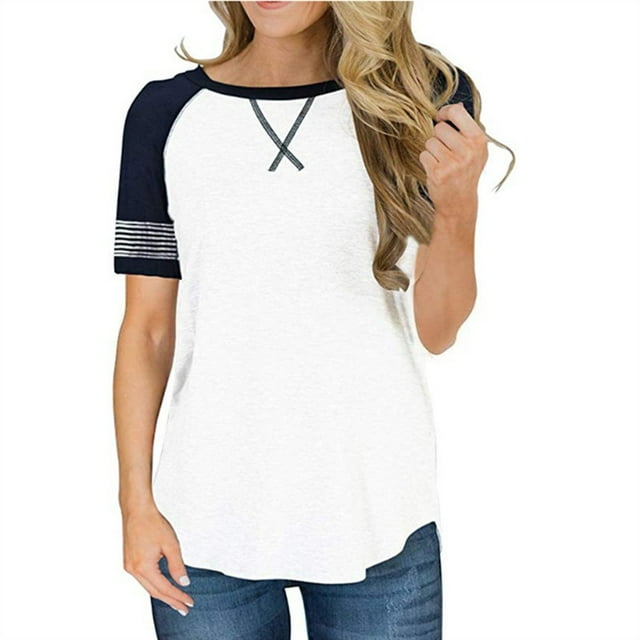 T-shirts à Manches Courtes pour Femmes Blouse Rayée à Blocs de Couleur Hauts Décontractés