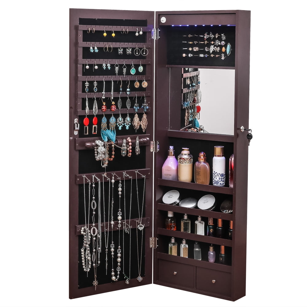 Kepooman Full Mirror Wooden Wall Mounted 4-Layer Shelf 2 Drawers With Inner Mirror 8 Blue Led Light Jewelry Storage Mirror Cabinet - Dark Brown Kepooman Full Mirror Wooden Wall Mounted 4-Layer Shelf 2 Drawers With Inner Mirror 8 Blue Led Light Jewelry Storage Mirror Cabinet - Dark Brown