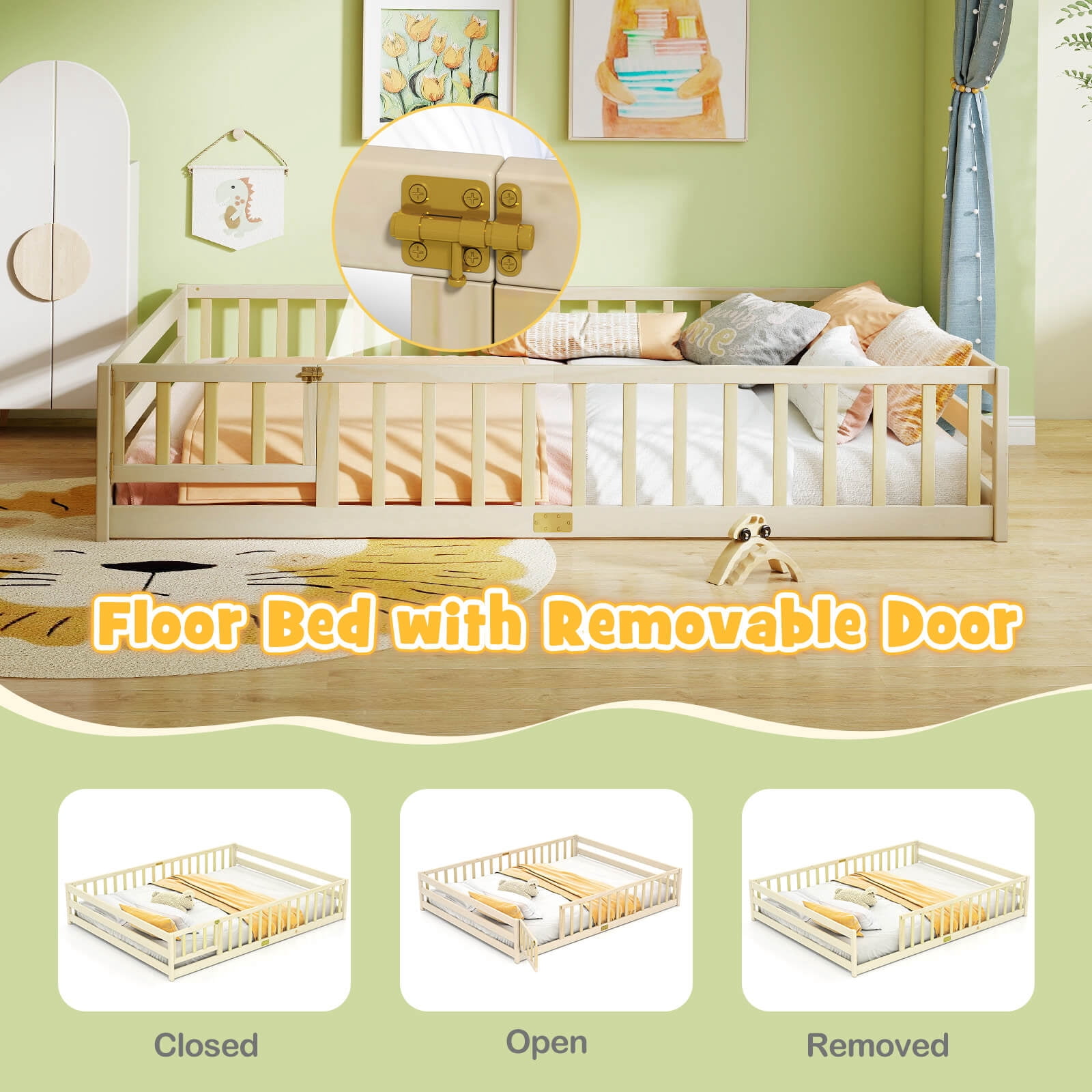 Costway Queen Size Floor Bed with Full Length Safety Guardrails & Door for Boys, Girls Natural