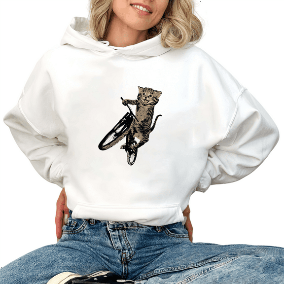 White Graphic Sweatshirt Print hoodie Sweatshirt Funny BMX Cat Spring Outdoor Wear womans S-2XL Tops