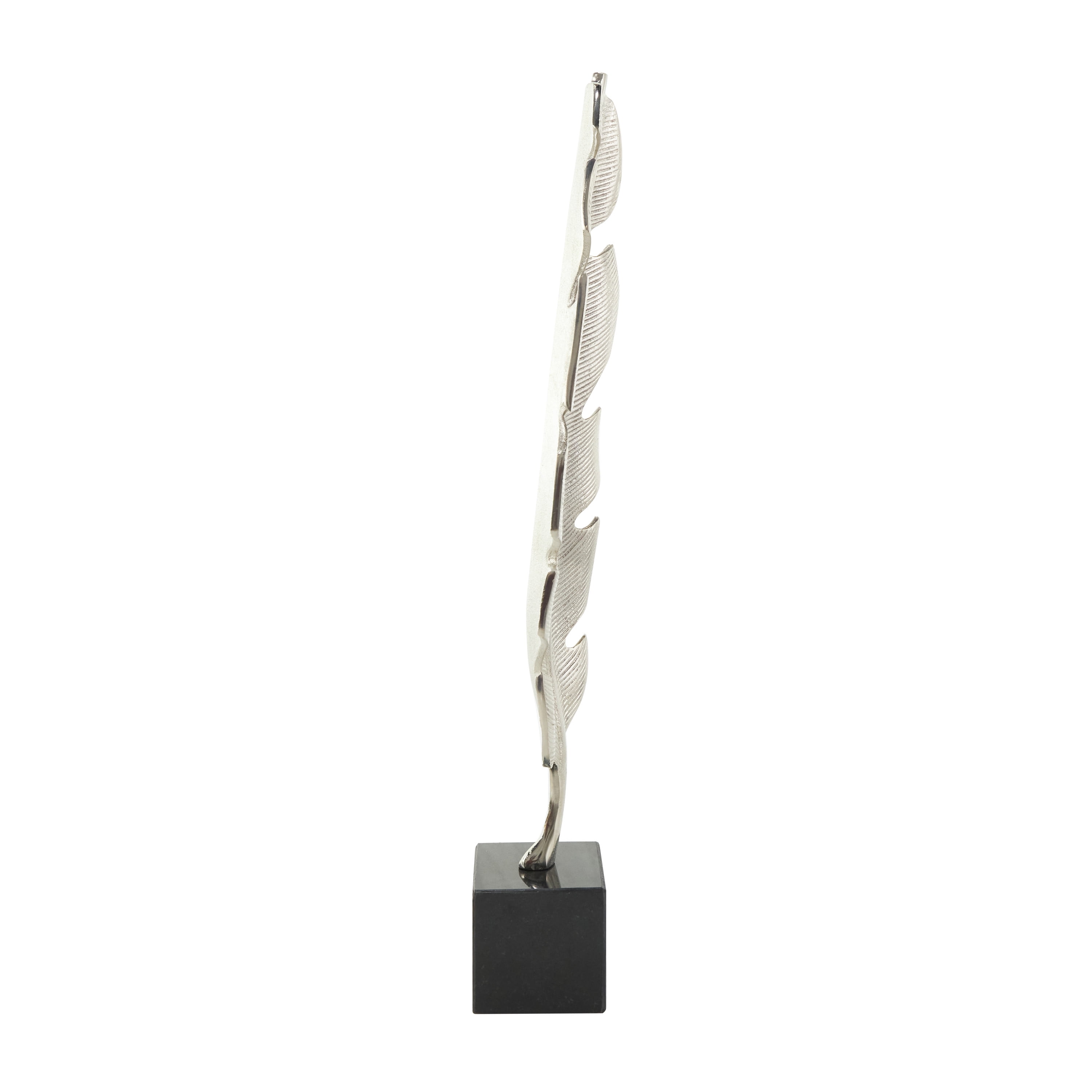 7" x 28" Silver Aluminum Feather Bird Sculpture with Black Marble Base, by CosmoLiving by Cosmopolitan