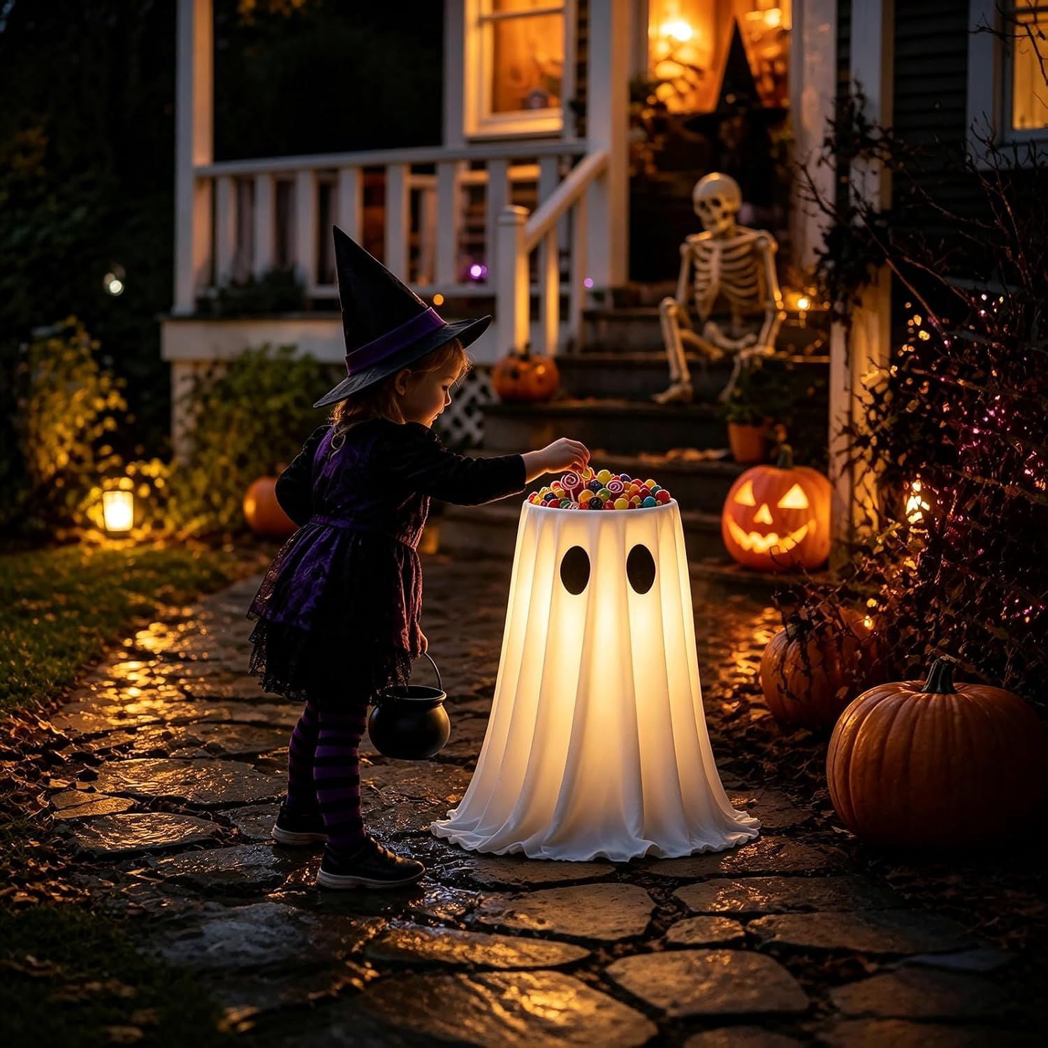 Glowing Ghost Candy Bowl Holder, 30 in LED Halloween Decoration with Remote, 8 Light Modes, USB or Battery Power, Indoor Outdoor Porch Display